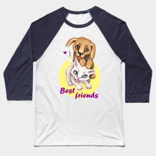 Cute small cat and dog. Sweet little baby pets. Kitten and puppy friends. Baseball T-Shirt